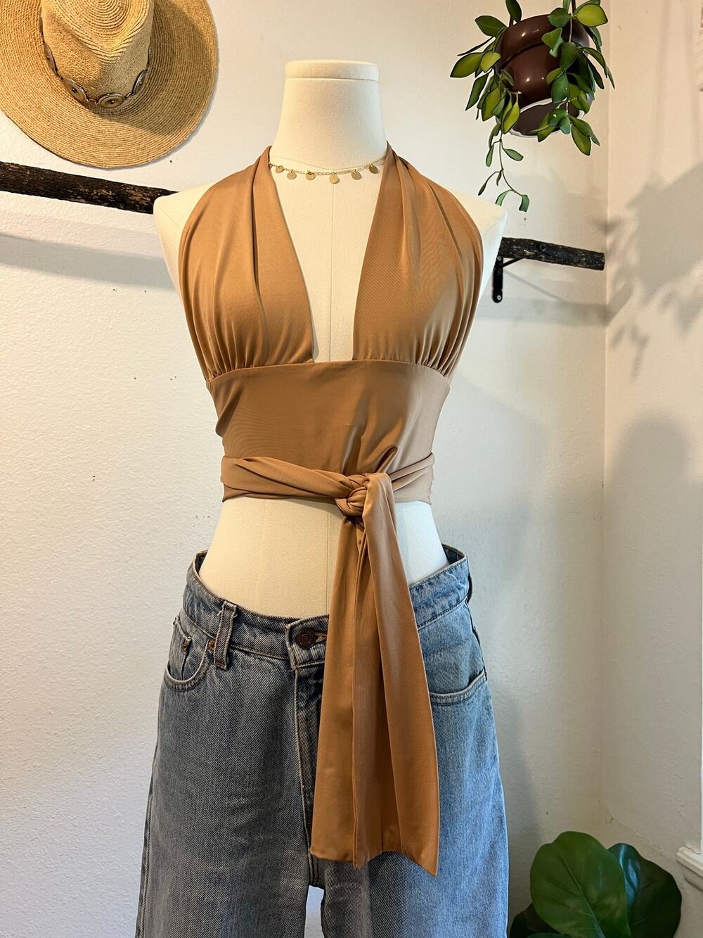 Princess Polly Tan Caramel Halter Wrap Multi Way Crop Going Out Top Size 8